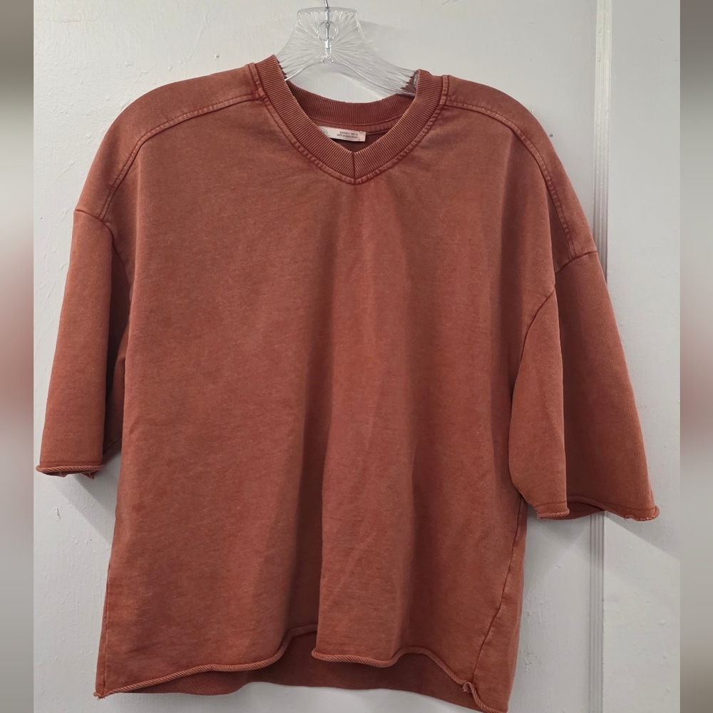 Zara Washed Oversized Sweatshirt Tee Rust Terracota Cropped Boxy Top Small